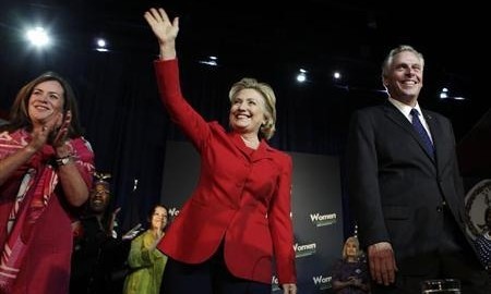 Hillary Clinton wears the famous pantsuit in red by Susanna Beverly Hills