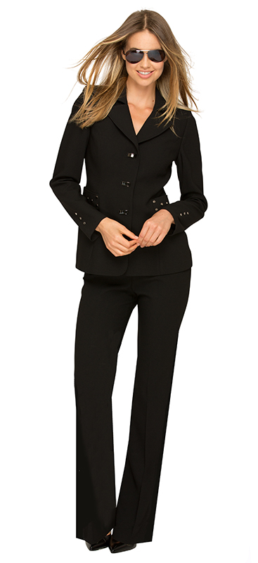 Judge Judy wearing a beautiful brown pantsuit suit by Susanna Beverly Hills