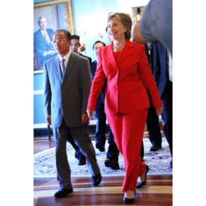 Hilary Clinton in Famous Red Pantsuit designed by Susanna Beverly Hills